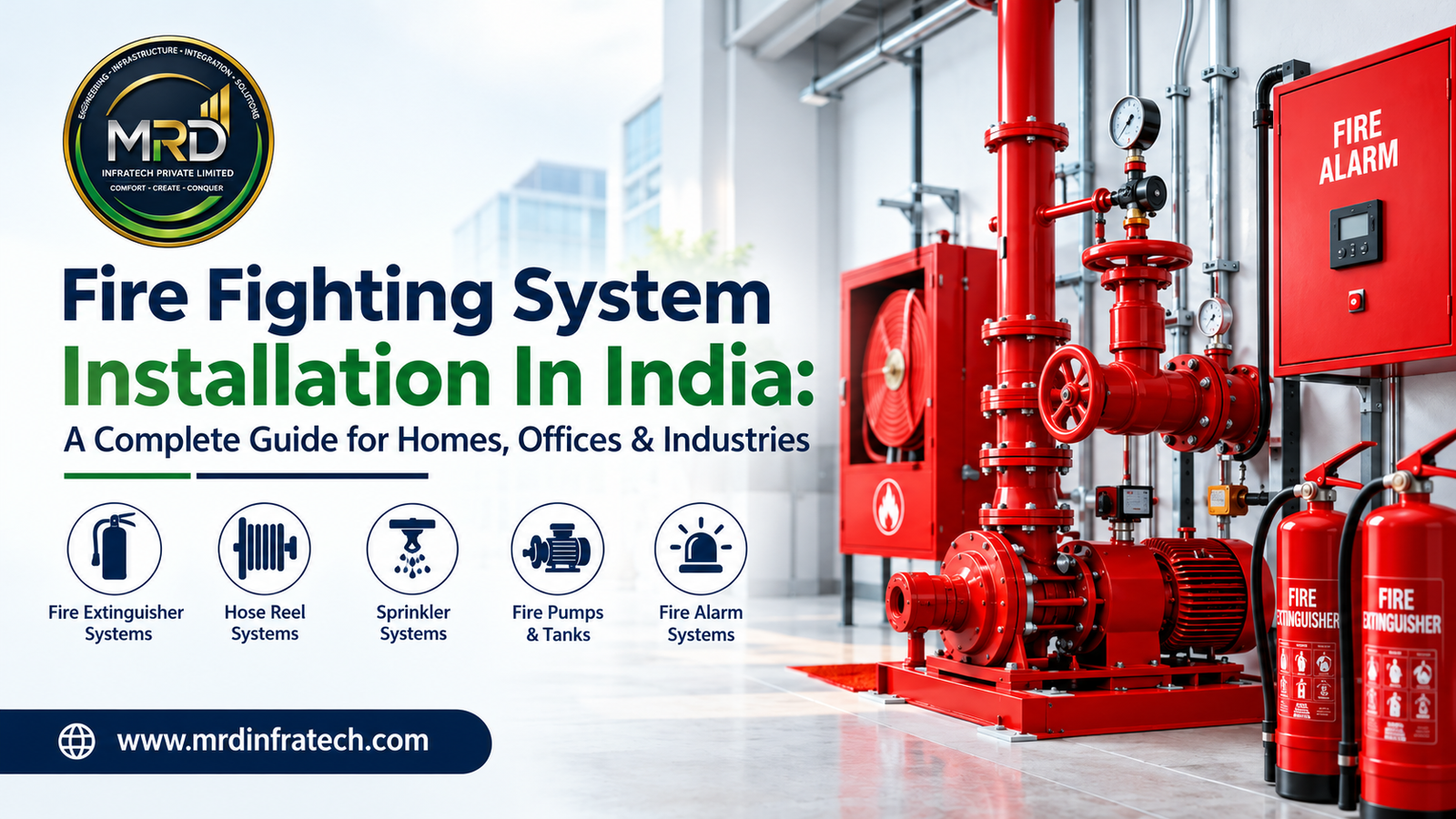Fire fighting system installation in India with hydrant pipelines and sprinklers in a commercial building