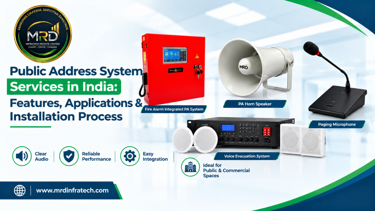 Public address system with speakers and paging microphone installed in a commercial building in India