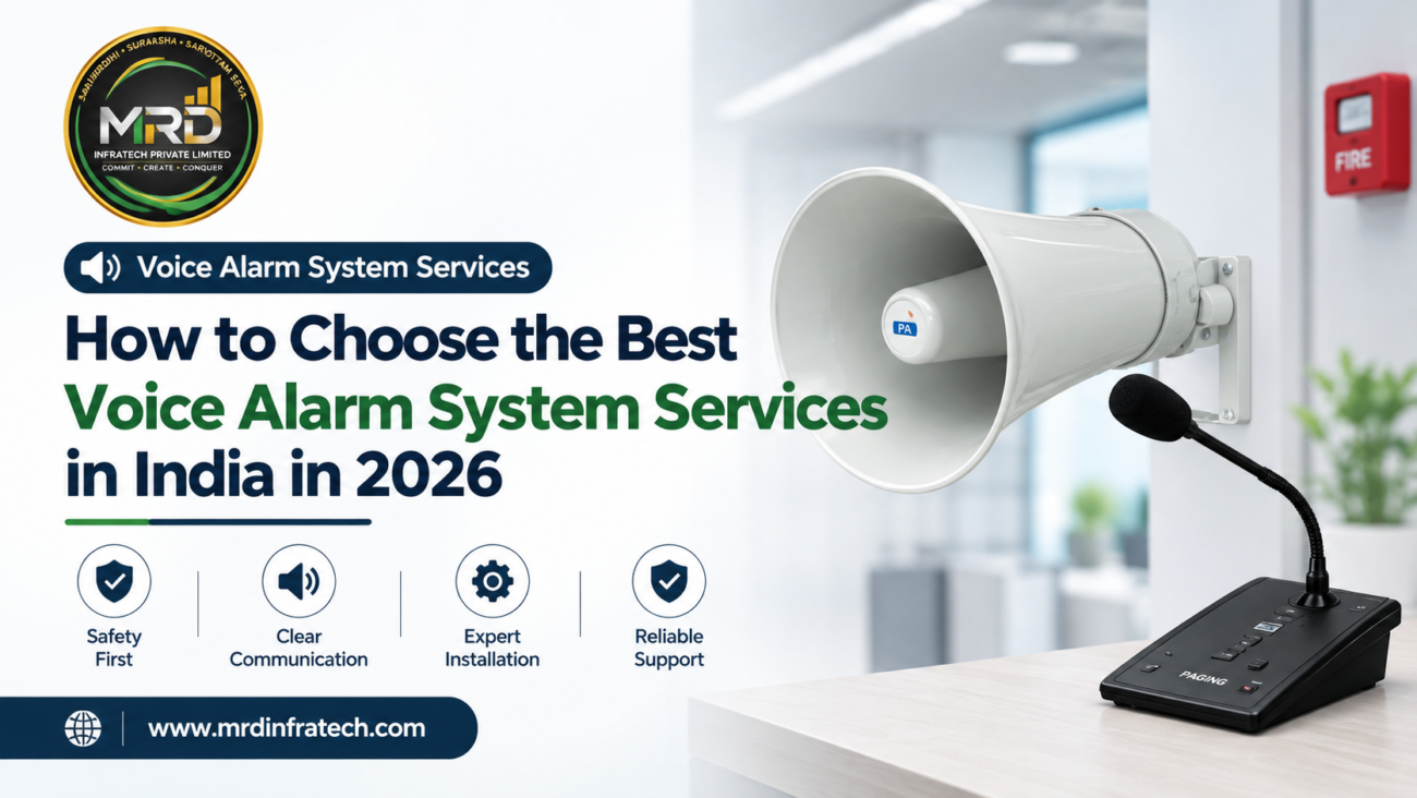 Voice alarm system speakers and control panel installed in a commercial building in India