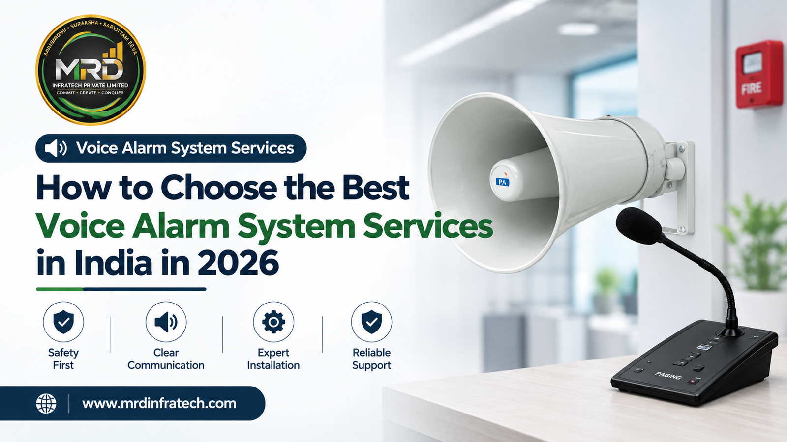 Voice alarm system speakers and control panel installed in a commercial building in India